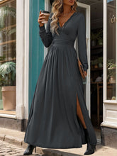 Perfee Lace Detail Slit V-Neck Long Sleeve Dress Dark Gray OutfitFlow